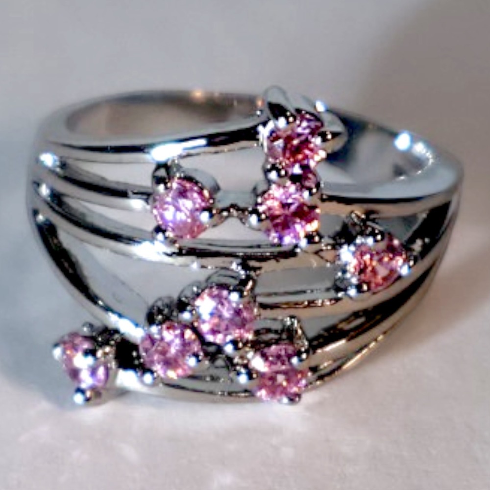 Swarovski Crystal Pink Cluster Ring Sterling Silver Overlay Size 8 Statement New